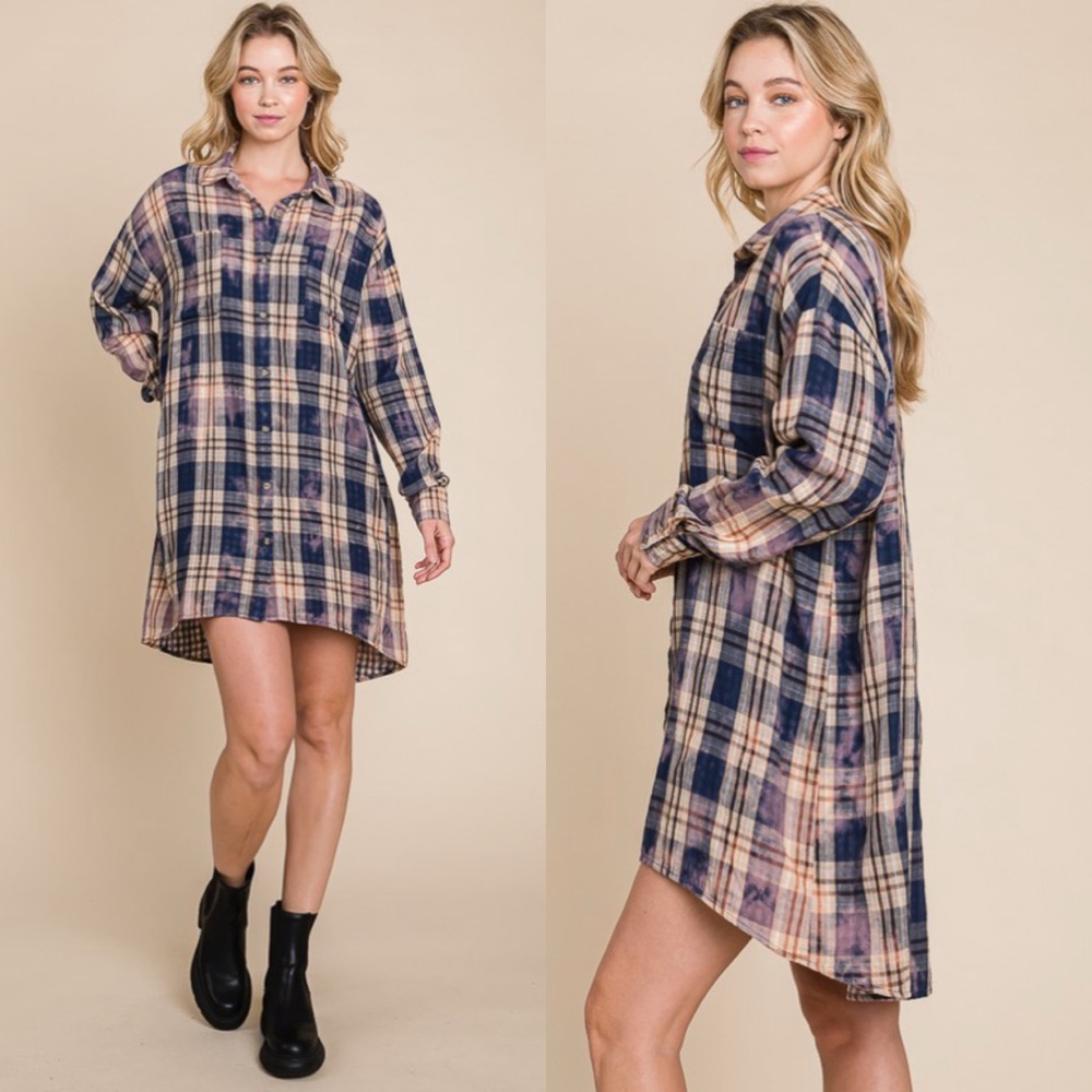 NEW! Cotton Soft Blue/Purple Plaid - Tie Dye Button Down Shirt Dress or Cardigan - Picture 6 of 11